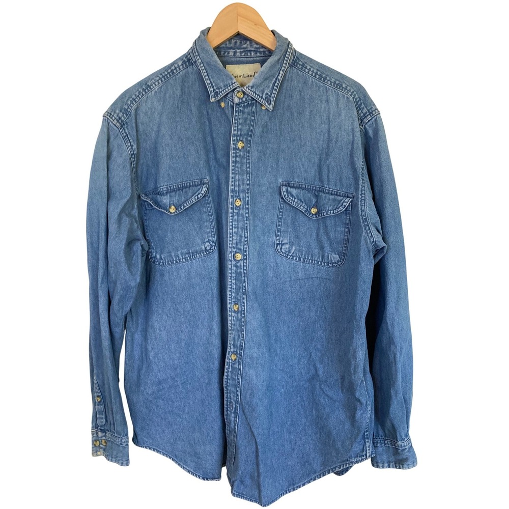 GreatLand Mens Large Denim Button Down Shirt Blue Long Sleeve Cotton Workwear‎